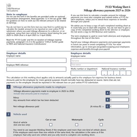 Document preview: PAYE: mileage allowance payments not taxed at source (P11D WS6) — HM Revenue & Customs, United Kingdom