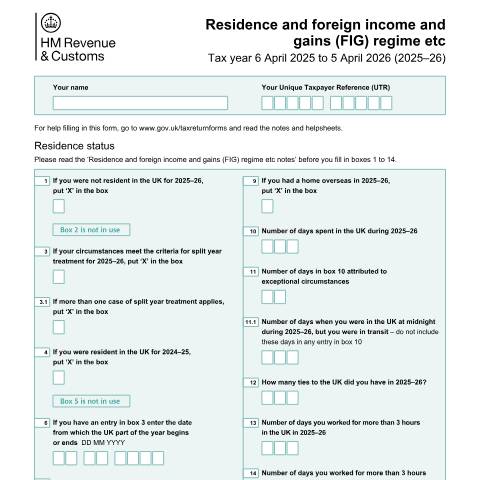 Document preview: Residence and foreign income and gains (FIG) regime etc (Self Assessment SA109) — HM Revenue & Customs, United Kingdom
