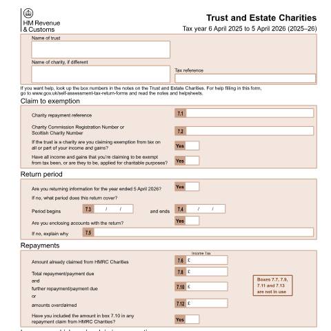 Document preview: Self Assessment: Trust and Estate Charities (SA907) — HM Revenue & Customs, United Kingdom