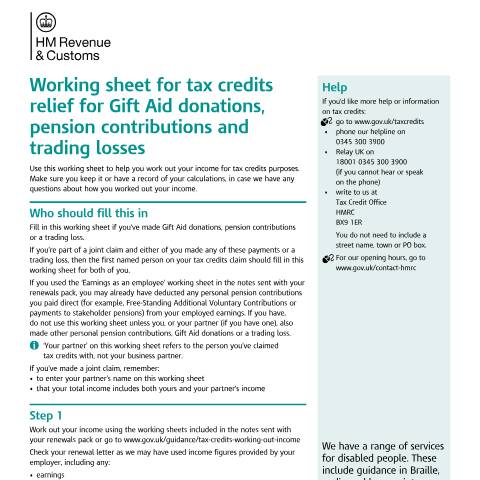 Document preview: Tax credits: income working sheet (TC825) — HM Revenue & Customs, United Kingdom