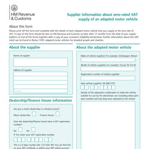Document preview: Tell HMRC about your supplies of zero-rated adapted motor vehicles — HM Revenue & Customs, United Kingdom