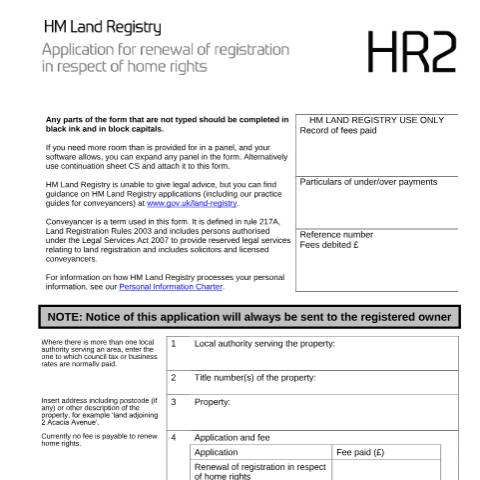 Document preview: Notice of home rights renewal: registration (HR2) — HM Land Registry, United Kingdom