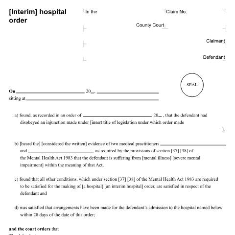 Document preview: Hospital order or interim hospital order: Form N143 — HM Courts & Tribunals Service, United Kingdom
