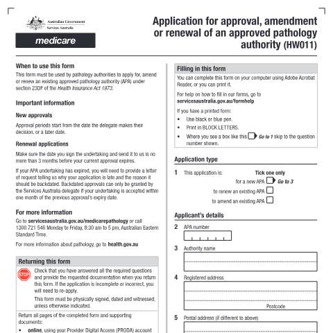 Document preview: Application for approval, amendment or renewal of an approved pathology authority form (HW011) — Services Australia — Health professionals, Australia (CERFA n°HW011)