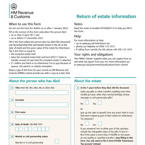 Document preview: Report an excepted estate for Inheritance Tax for deaths from 6 April 2011 to 31 December 2021 (IHT205) — HM Revenue & Customs, United Kingdom