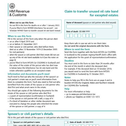 Document preview: Inheritance Tax: claim to transfer unused nil rate band for excepted estates (IHT217) — HM Revenue & Customs, United Kingdom