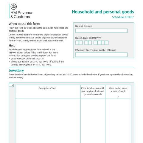 Document preview: Inheritance Tax: household and personal goods (IHT407) — HM Revenue & Customs, United Kingdom