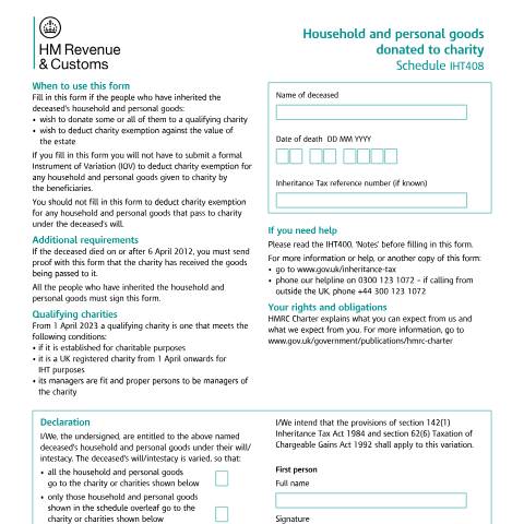 Document preview: Inheritance Tax: household and personal goods donated to charity (IHT408) — HM Revenue & Customs, United Kingdom