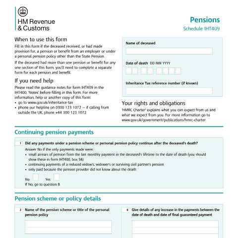 Document preview: Inheritance Tax: pensions (IHT409) — HM Revenue & Customs, United Kingdom