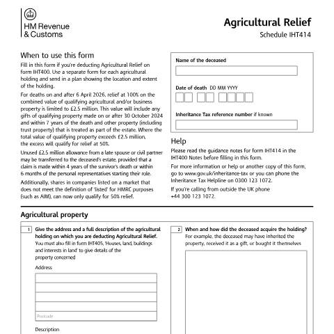 Document preview: Inheritance Tax: Agricultural Relief (IHT414) — HM Revenue & Customs, United Kingdom