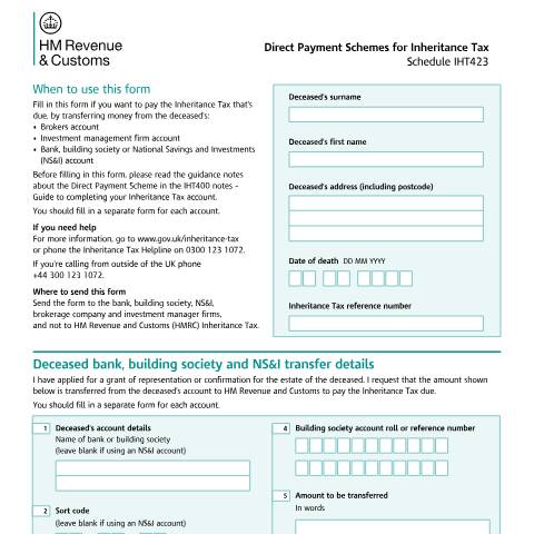 Document preview: Direct Payment Schemes for Inheritance Tax (IHT423) — HM Revenue & Customs, United Kingdom