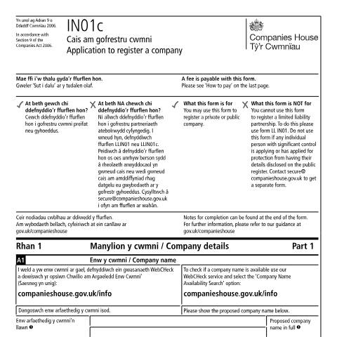 Document preview: Register a private or public company (IN01c) — Companies House, United Kingdom