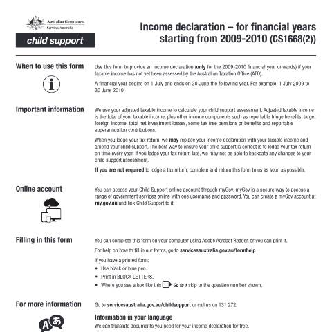 Document preview: Income declaration — Services Australia — Individuals (by code), Australia (CERFA n°CS1668)