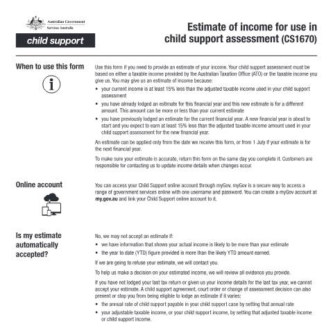 Document preview: Estimate of income for use in Child Support Assessment — Services Australia — Individuals (by code), Australia (CERFA n°CS1670)