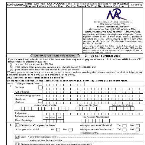 Document preview: Individual Return 1B (for Self-employed only) — Form, Mauritius (CERFA n°ind1b06)