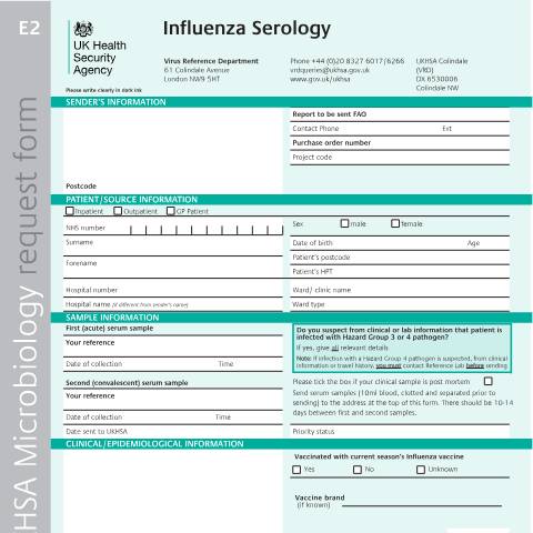 Document preview: Influenza serology request form — UK Health Security Agency, United Kingdom
