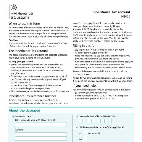 Document preview: Inheritance Tax account (IHT400) — HM Revenue & Customs, United Kingdom
