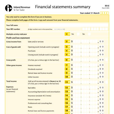 Document preview: Financial statements summary — Income tax, Managing my tax, New Zealand (CERFA n°IR10)