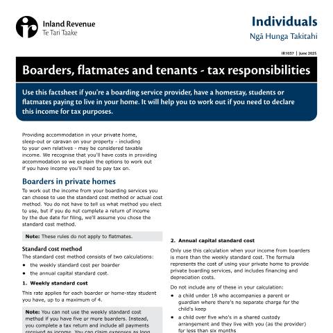 Document preview: Boarders, flatmates and tenants - tax responsibilities — Property, New Zealand (CERFA n°IR1037)