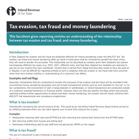 Document preview: Tax evasion, tax fraud and money laundering — Managing my tax, New Zealand (CERFA n°IR1061)