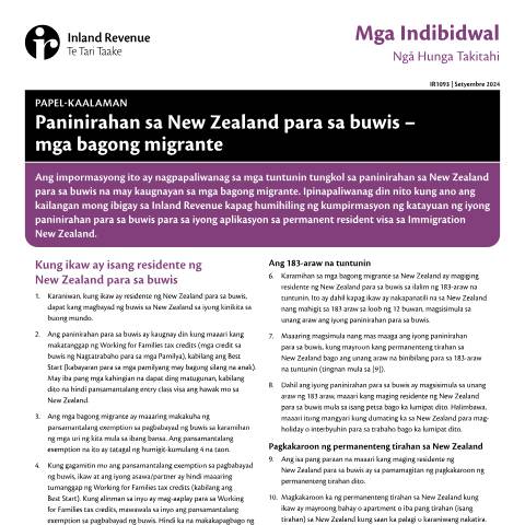Document preview: Paninirahan sa New Zealand para sa buwis – mga bagong migrante — Other, New Zealand (CERFA n°IR1093)