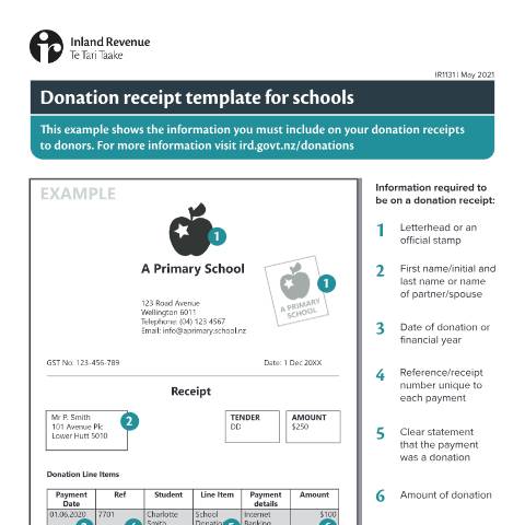 Document preview: Donation receipt for schools example — Other, New Zealand (CERFA n°IR1131)