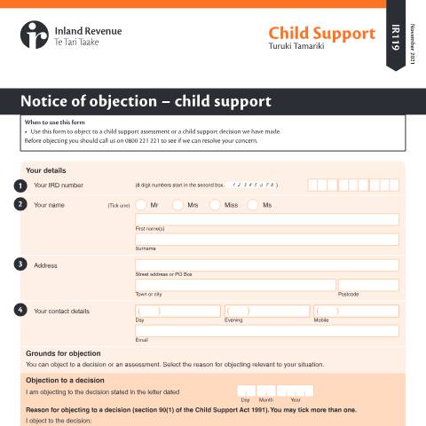 Document preview: Notice of objection - child support — Child support, New Zealand (CERFA n°IR119)