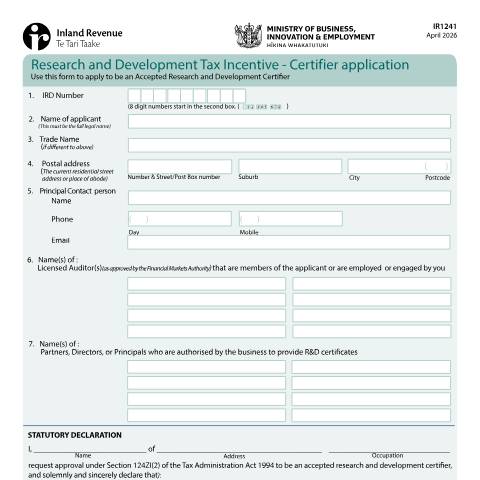 Document preview: IR1241-2026-Apr — Research and development, New Zealand (CERFA n°IR1241)