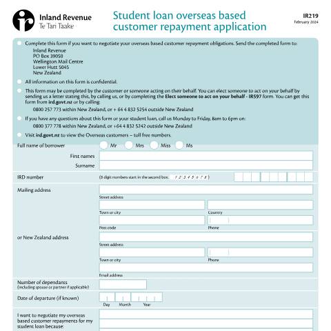 Document preview: IR219 2024 — Student loans, New Zealand (CERFA n°IR219)
