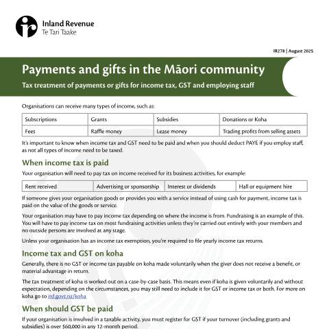 Document preview: Payments and gifts in the Māori community — Income tax, New Zealand (CERFA n°IR278)