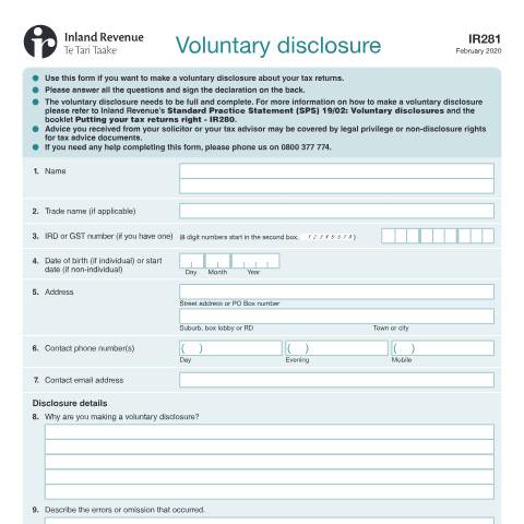 Document preview: Voluntary disclosure — Managing my tax, New Zealand (CERFA n°IR281)