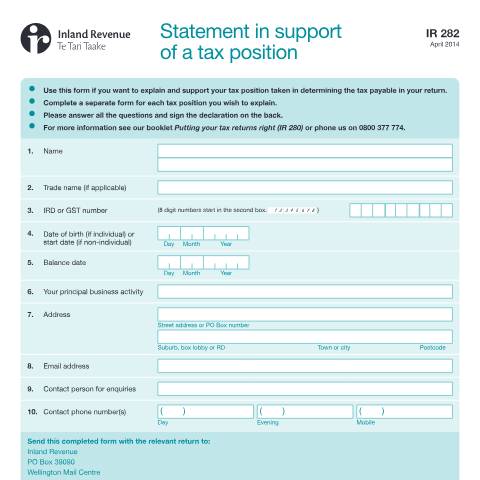 Document preview: Statement in support of a tax position — Managing my tax, New Zealand (CERFA n°IR282)