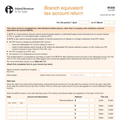 Document preview: Branch equivalent tax account return — Income tax, New Zealand (CERFA n°IR308)