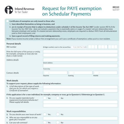 Document preview: Request for PAYE exemption on Schedular Payments — Income tax, New Zealand (CERFA n°IR332)