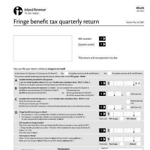 Document preview: Fringe benefit tax quarterly return — Employing staff, New Zealand (CERFA n°IR420)