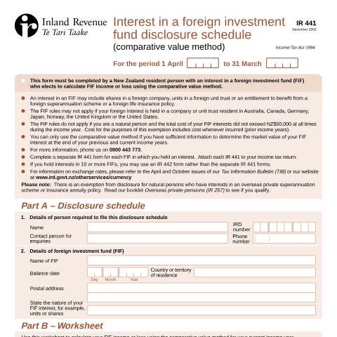 Document preview: Interest in a foreign investment fund disclosure schedule (comparative value method) — Income tax, New Zealand (CERFA n°IR441)