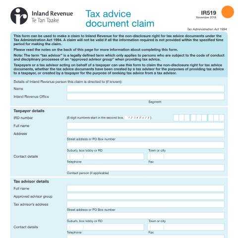 Document preview: Tax advice document claim — Managing my tax, New Zealand (CERFA n°IR519)