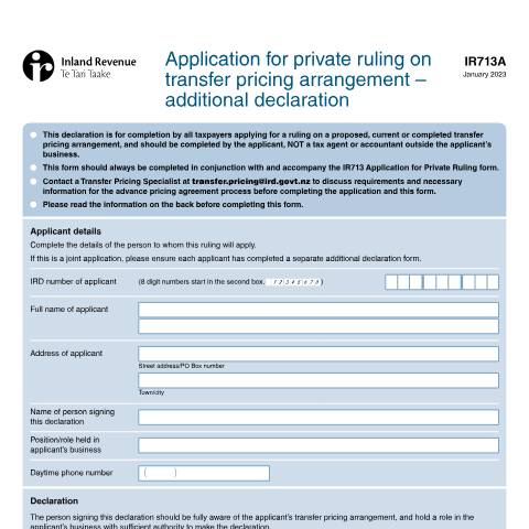 Document preview: Application for private ruling on transfer pricing arrangement – additional declaration — International, Managing my tax, New Zealand (CERFA n°IR713A)