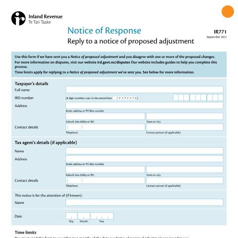 Document preview: Notice of Response — Managing my tax, New Zealand (CERFA n°IR771)