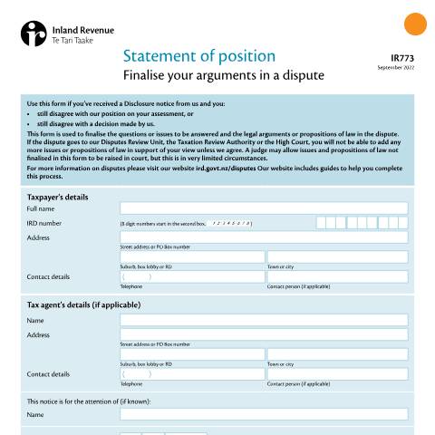 Document preview: Statement of position — Managing my tax, New Zealand (CERFA n°IR773)