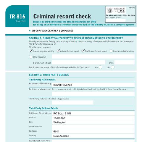 Document preview: Criminal record check — Managing my tax, New Zealand (CERFA n°IR816)