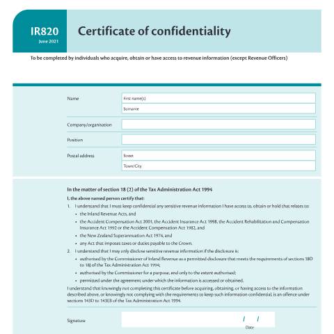 Document preview: Certificate of confidentiality — Managing my tax, New Zealand (CERFA n°IR820)