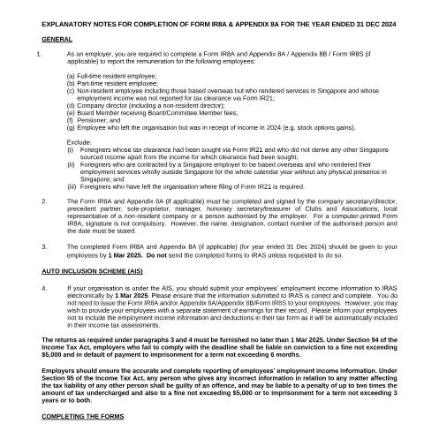 Document preview: Form IR8A explanatory notes — IRAS / Employers, Singapore (CERFA n°EXPLANATORY-NOTES-ON-FORM-IR8A-AND-APPENDIX-8A-FOR-YA2025)