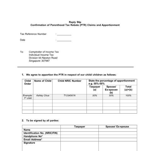 Document preview: Reply Slip for Parenthood Tax Rebate (PTR) Claims and Apportionment — IRAS / Employees, Singapore (CERFA n°APPLICATION-FOR-PTR_V1-4)