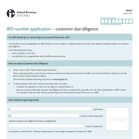 Document preview: Customer due diligence — Managing my tax, New Zealand (CERFA n°IR997)