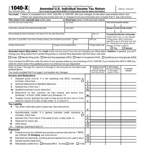 Document preview: IRS Form f1040x — IRS, United States (CERFA n°1040X)