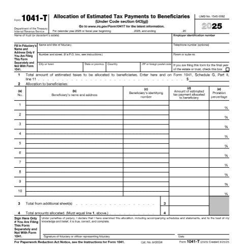Document preview: IRS Form f1041t — IRS, United States (CERFA n°1041T)
