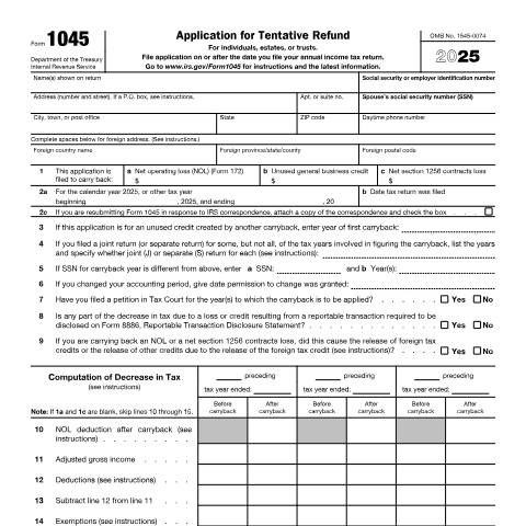 Document preview: IRS Form f1045 — IRS, United States (CERFA n°1045)