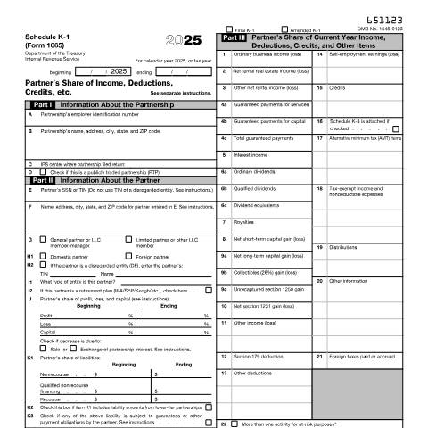 Document preview: IRS Form f1065sk1 — IRS, United States (CERFA n°1065SK1)