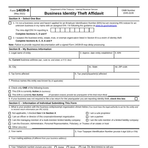 Document preview: IRS Form f14039b — IRS, United States (CERFA n°14039B)